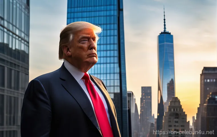 도널드 트럼프 Donald Trump 전 미국 대통령 기업가 정치 논란 - **Prompt:** A high-angle, cinematic shot of Donald Trump, fully clothed in a sharp dark suit and red...
