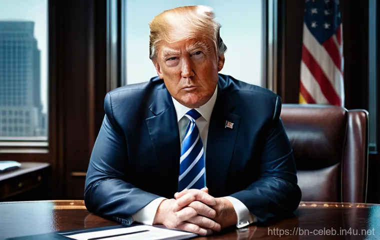 도널드 트럼프 Donald Trump    전 미국 대통령 기업가 정치 논란 - **Prompt:** A high-angle, cinematic shot of Donald Trump, fully clothed in a sharp dark suit and red...