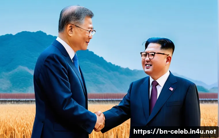 문재인 Moon Jae in 전 대한민국 대통령 남북 관계 국내 정책 - **Prompt:** A historical and hopeful image depicting a pivotal moment of inter-Korean diplomacy. For...